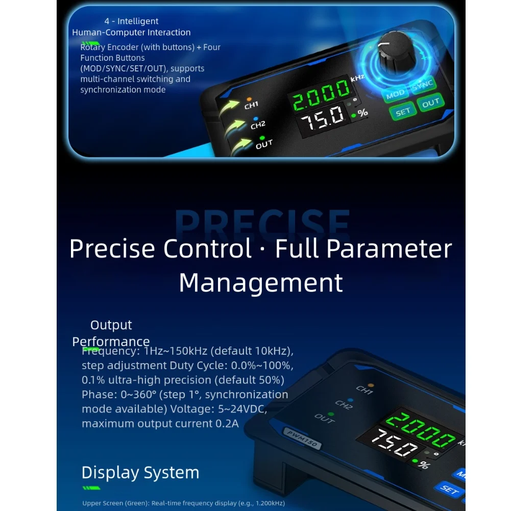 Gerador de canal duplo para testes eletrônicos, display digital, display LED branco de 3 dígitos, display LED verde de 4 dígitos