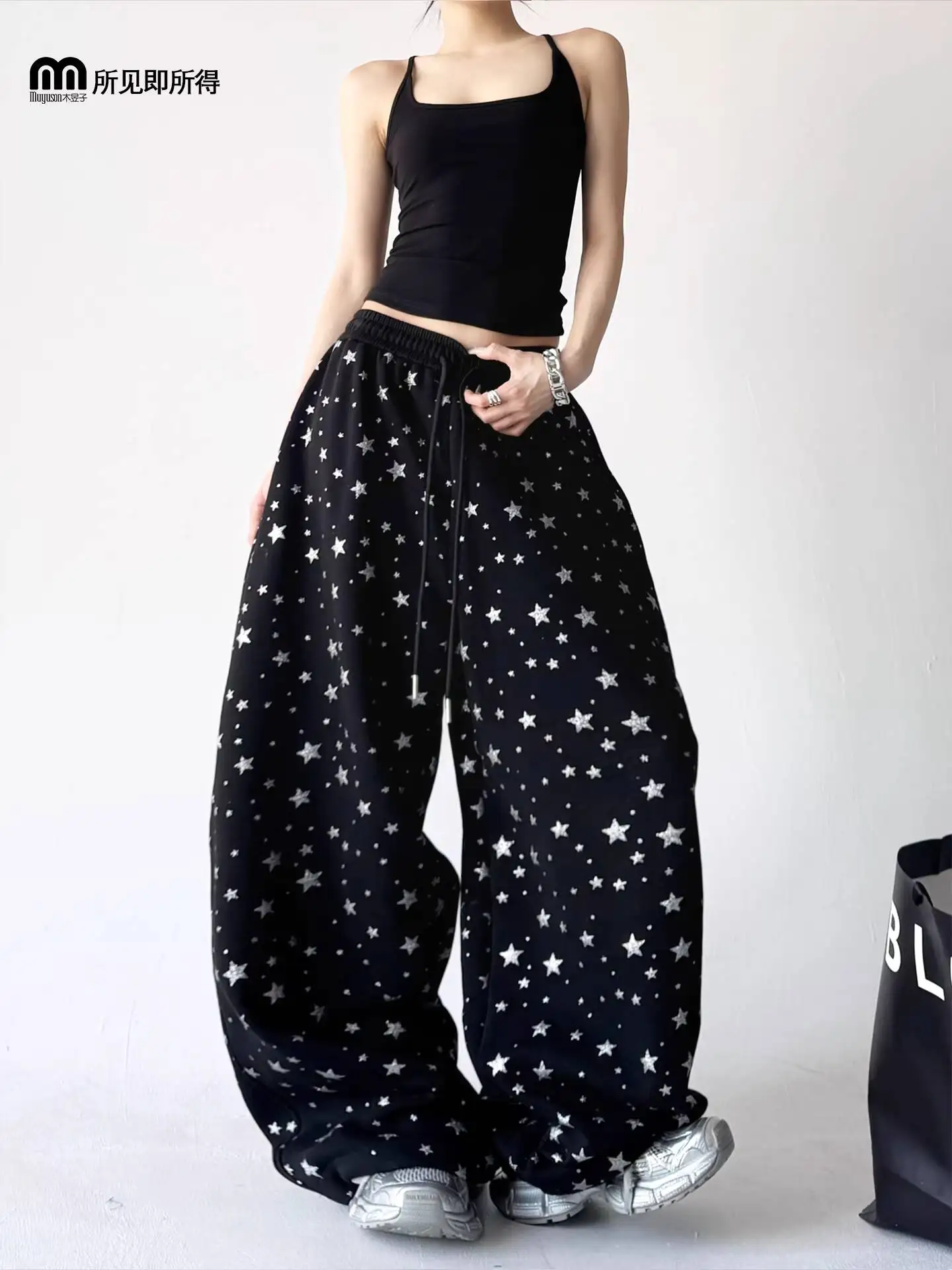 

Women's Wide Leg Pants 2026 Spring Black Lounge Sweat Pants Lazy Style Star Print Loose Casual Wide Leg Pants With Drape