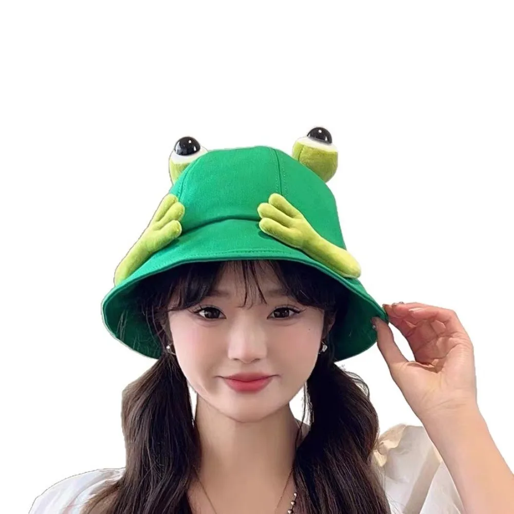 Cute Design Big Eyes Frog Bucket Hats Big Eyes Pattern Cotton Material Wild Panama Hats Wild Style Foldable