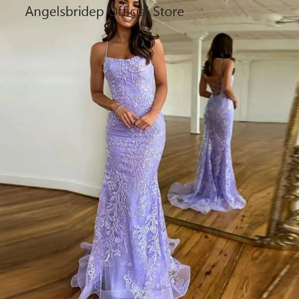 Angelsbridep-Vestidos de Noche de tul lavanda con tirantes finos, apliques, vestidos de graduación, vestidos formales para ocasiones, vestidos de fiesta