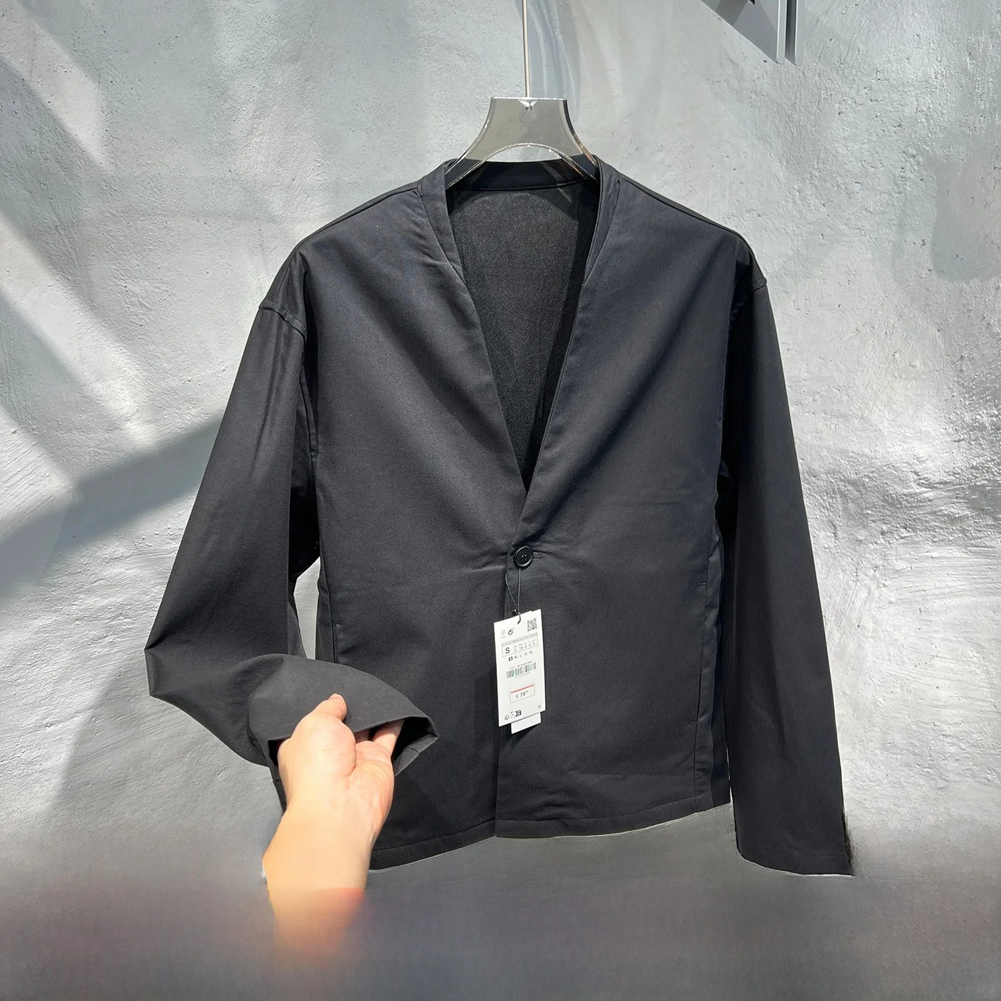 

Cotton Linen Men's Thiened One-Button Collarl Autumn Jaet Stand Fit Youth Commute Breathable Long Sve