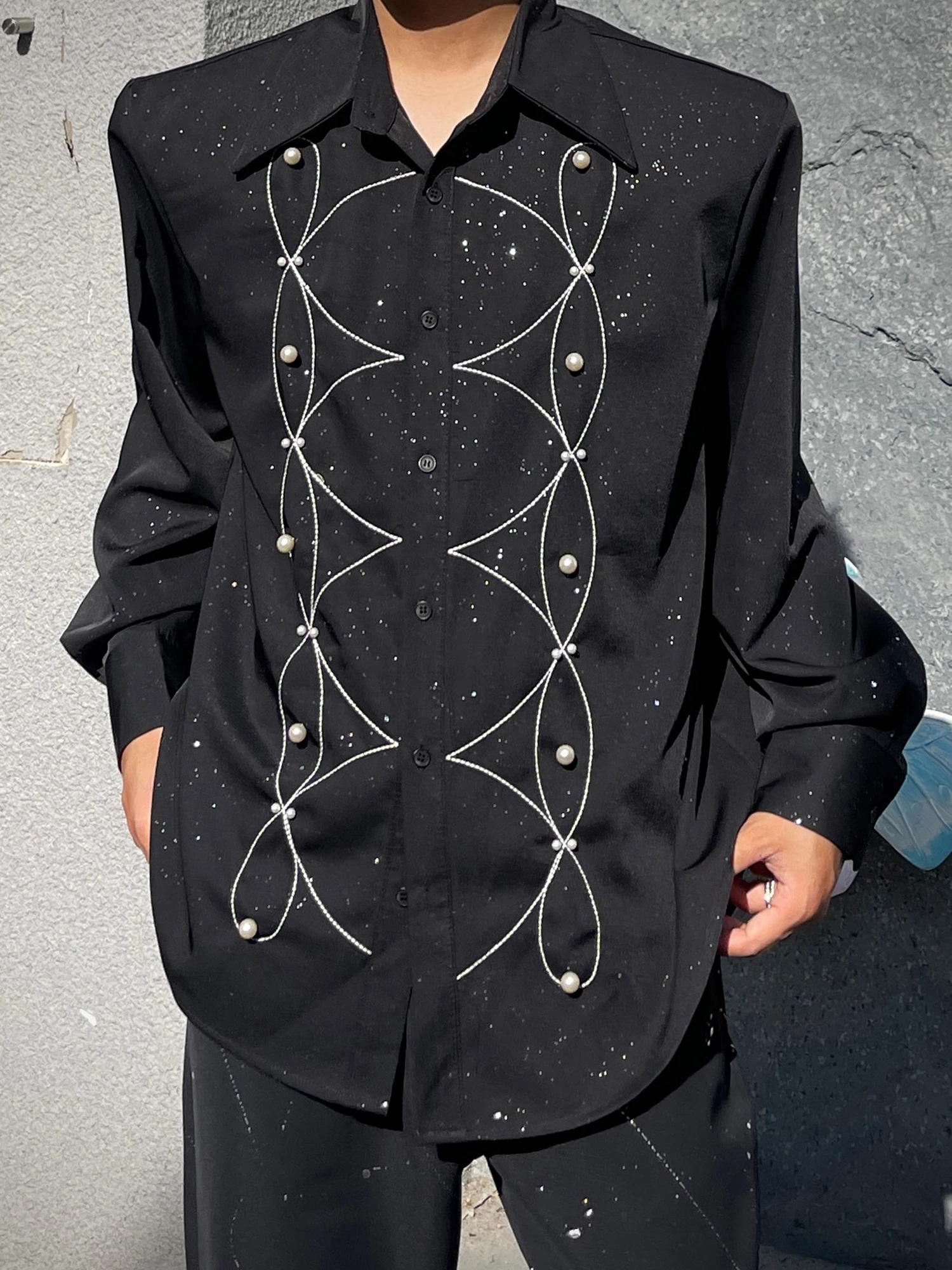Korean Fashion Trend Black Long-sleeved Shirt Handsome Men's Heavy Industry Bead Design Sense Loose Versatile Casual Shirt
