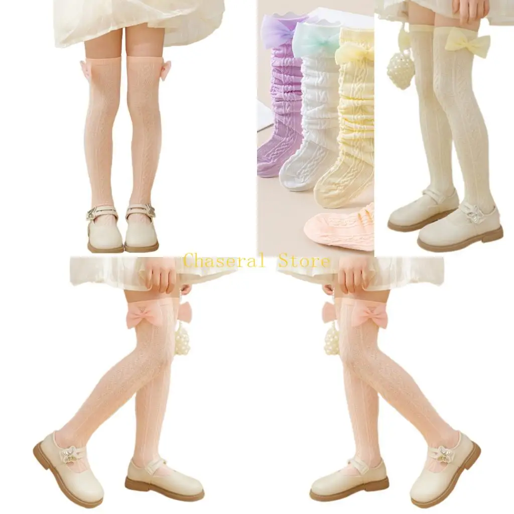 

E7CE 1 Pair Girls Bowknot Mesh Knee Length Socks Stretch Cotton Summer Age 3-13 Years
