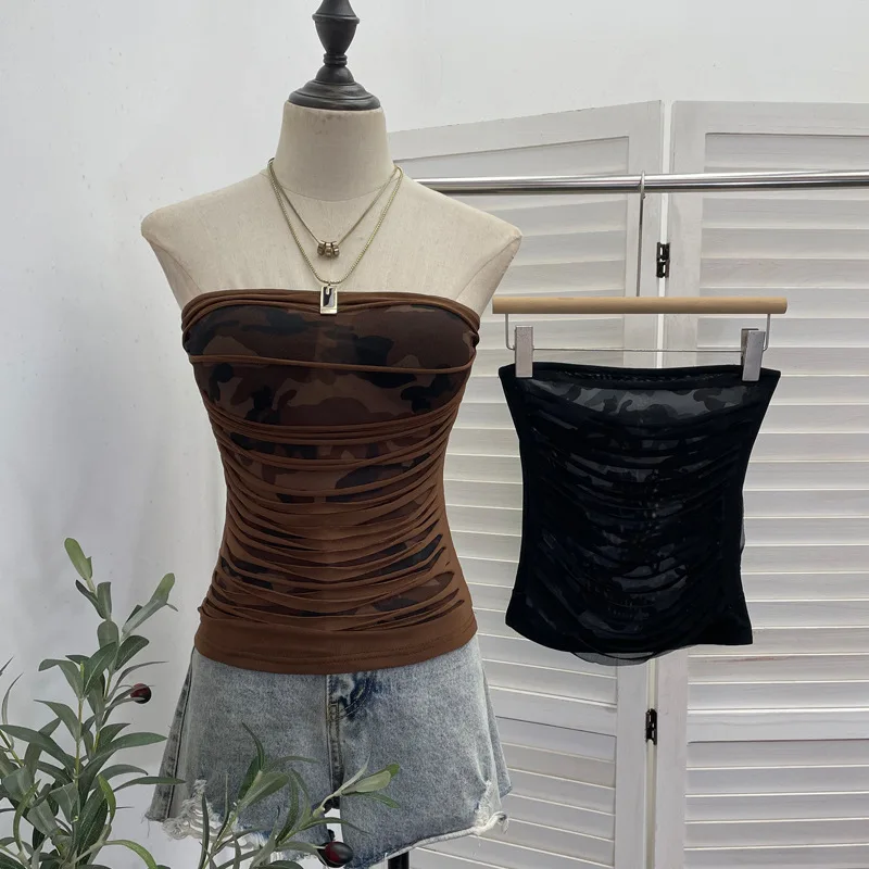 Vintage Off The Shoulder Top For Women With Built In Bra NonSlip Strip Camouflage Print Slashed Mesh Strapless T-shirt1318