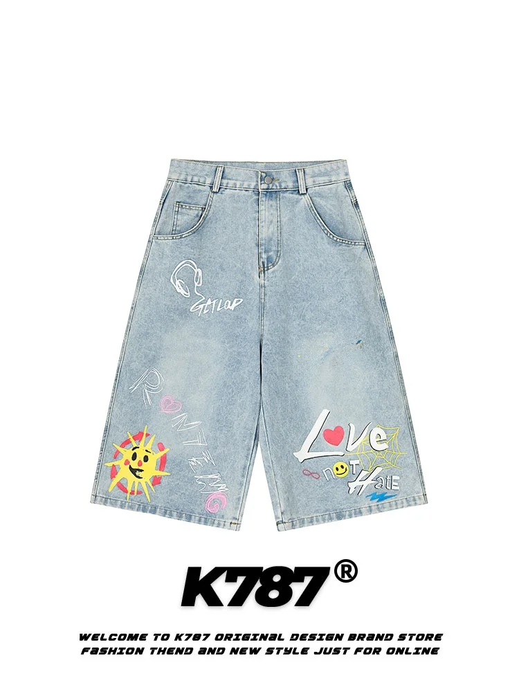 

K787 American Washed Graffiti Letter Jeans Shorts Street Style Slim Wide Leg Versatile Seven-Foot Middle Pants for Men