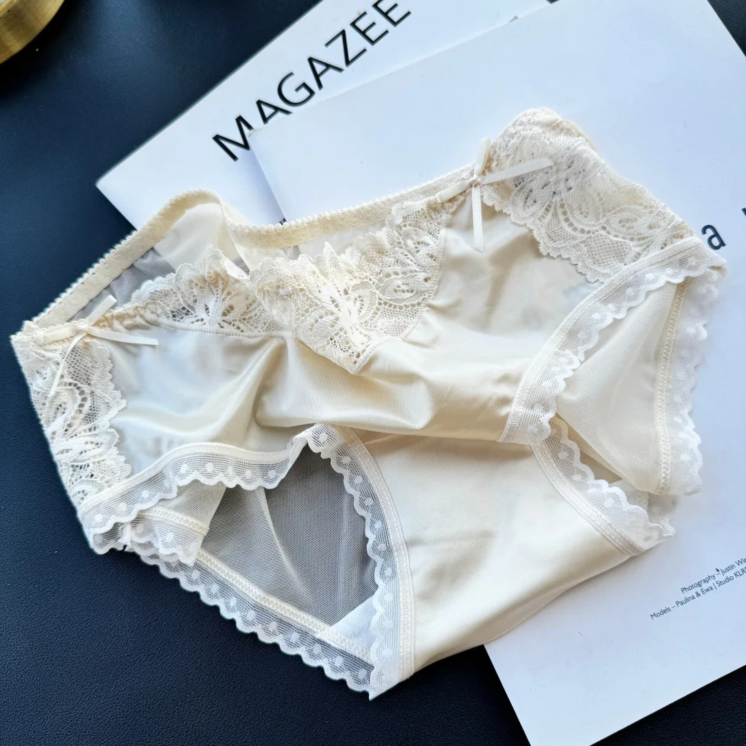 SP&CITY Ice Silk Bow Lace Sexy Women's Underwear Low Waist Cotton Crotch Hollow Out Panties Embroidery Mesh Breathable Briefs