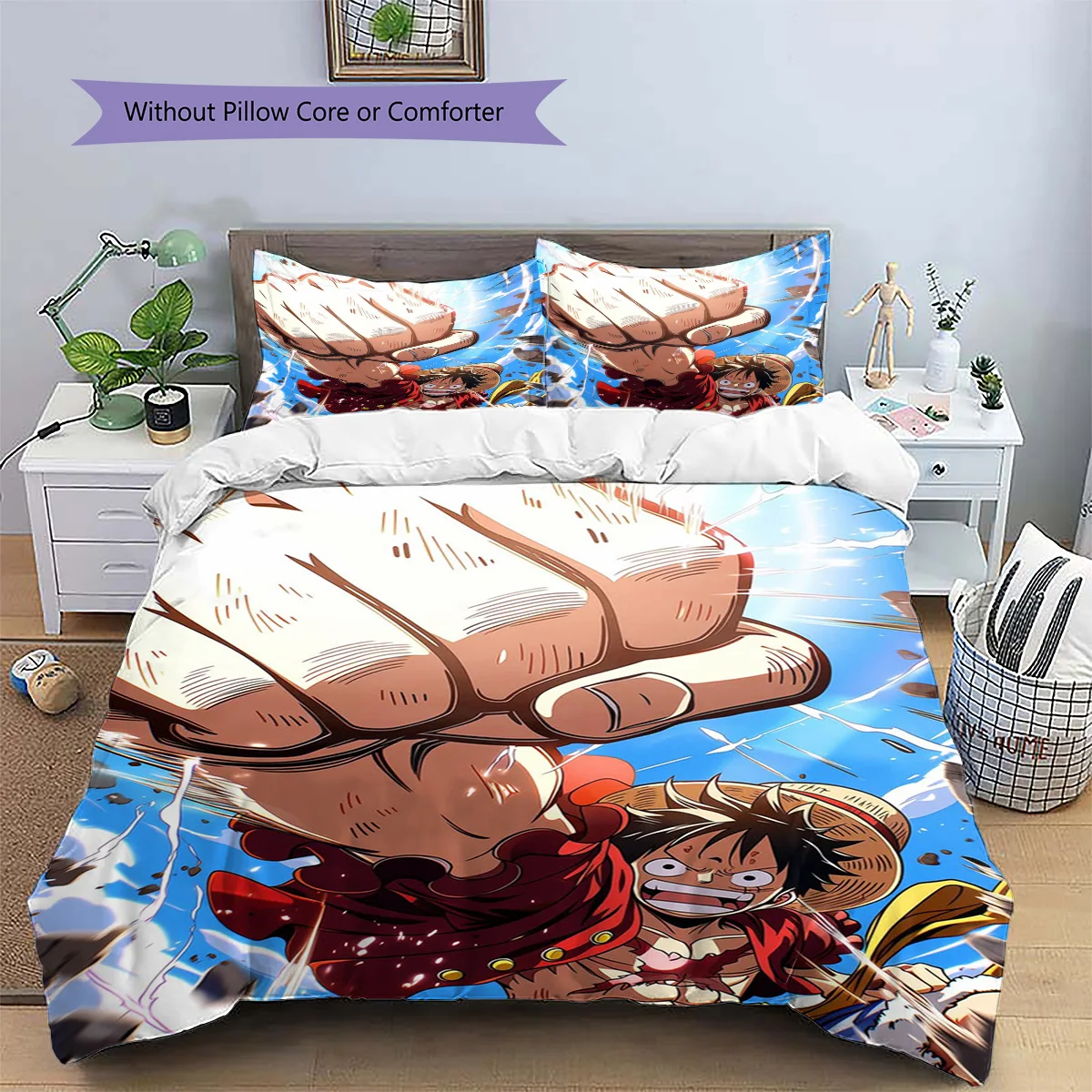 Luffy Patterned Pillowcase & Duvet Cover Set Bedroom Lifestyle Printed Bedding with Anime Theme Enthusiast Gift.-TING