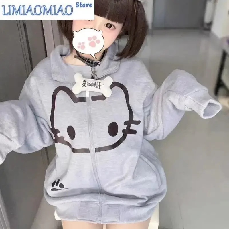 

Hoodie Coat Thin Cats Zipper Sweatshirt Stand-up Collar Long Sleeved Zipper Woman Spring Summer Japan Lovely Cardigan Coat