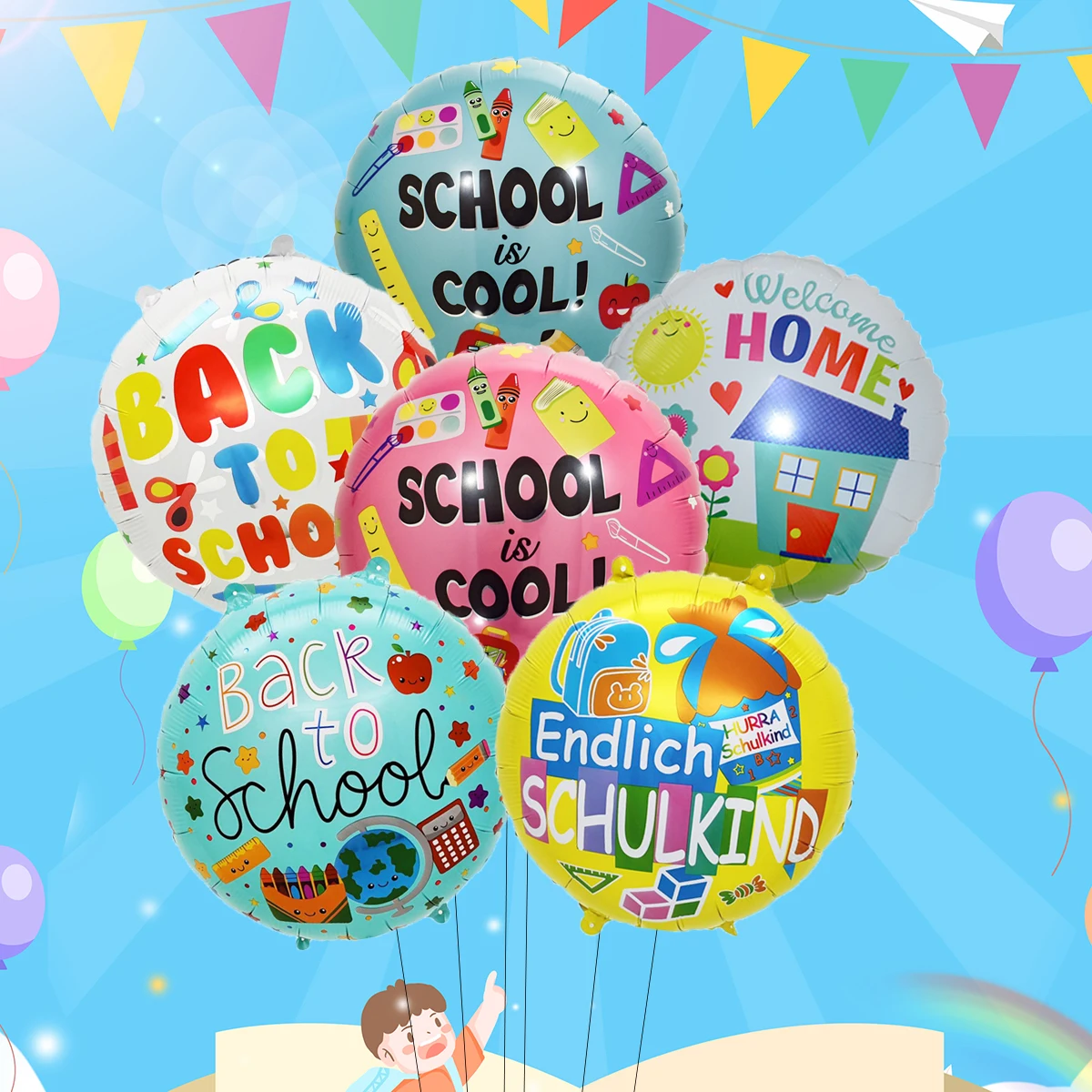 6 Stück 18 Zoll runde Folienballons für den Schulanfang, deutscher Schulkind-Ballon, Dekorationen für den Schulanfang, Campus-Klassenzimmer-Dekorationen