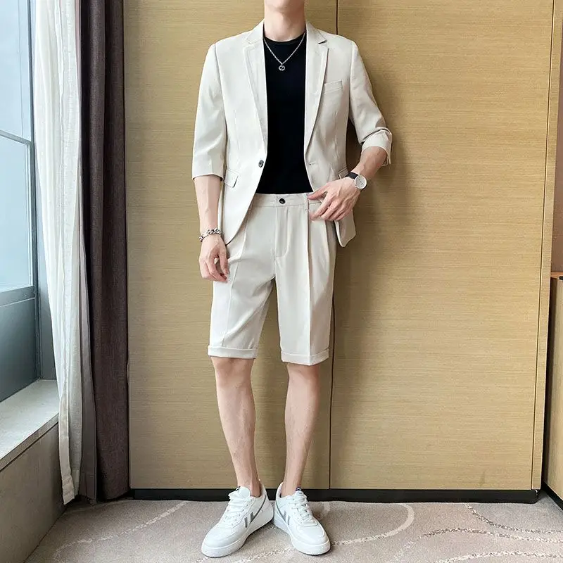 

2-A61 Men's summer short-sleeved suits, drapey thin casual mid-sleeve small suits fn with slim shorts, full set of fashion