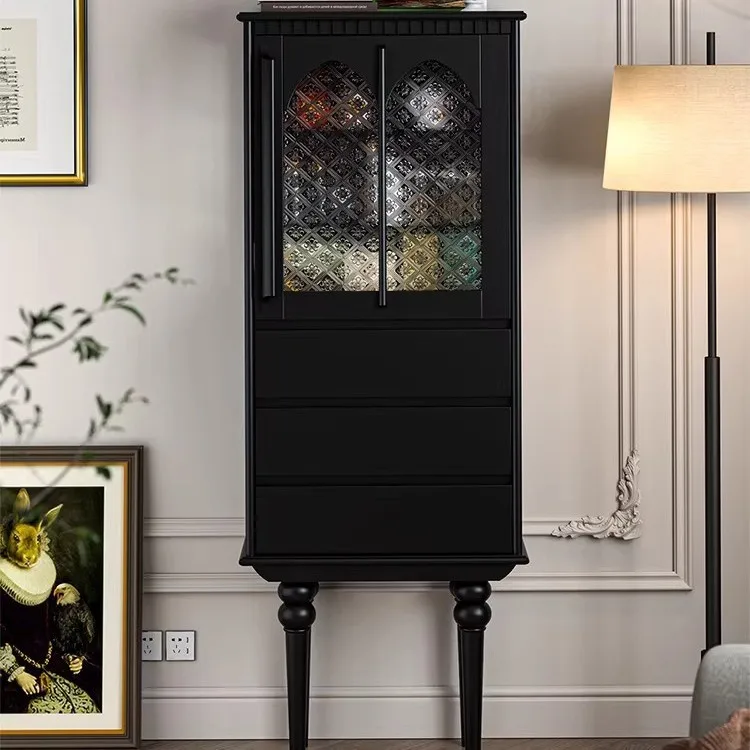 French solid wood dining side cabinet household small apartment glass door display cabinet living room retro floor storage wine