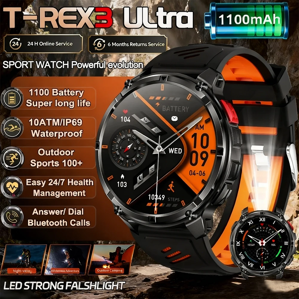 

2026 New T-REX3 1100mAh Battery SmartWatch 10ATM Waterproof GPS Bluetooth call 1.7" AMOLED HD Sports Flashlight Smart Watch Men