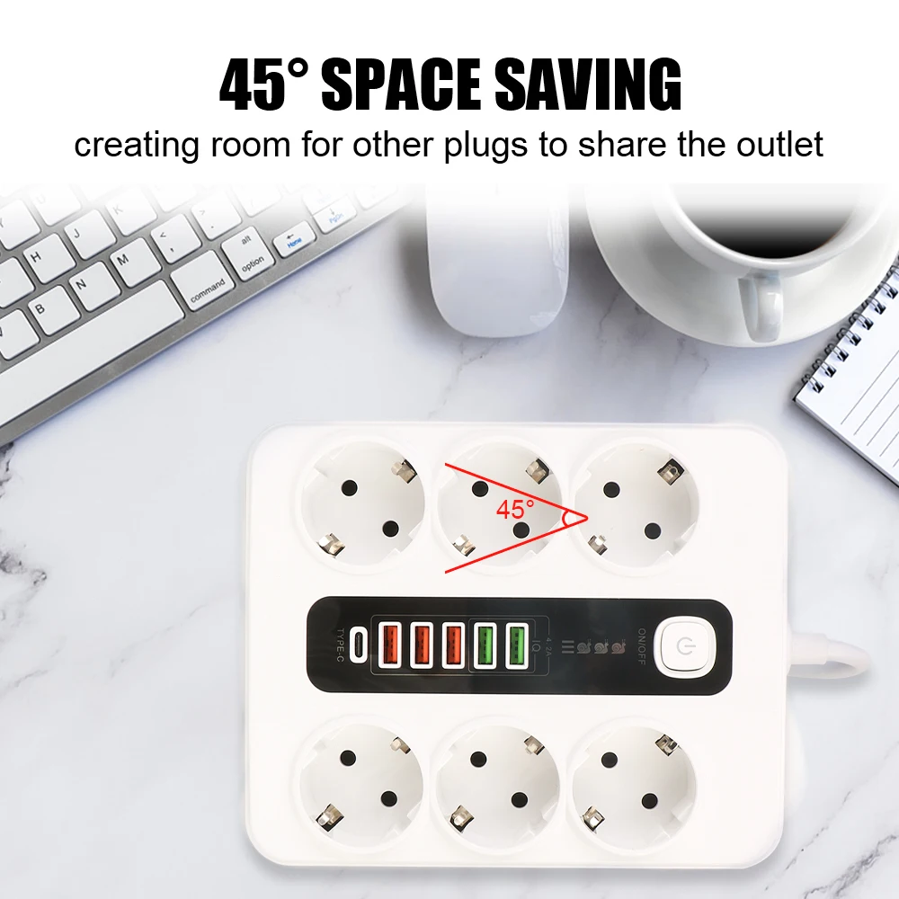 USB Type C Overload Protection Extension Socket Power Strip 3000W For Office Home EU Plug 2M Cable With Safety Switch