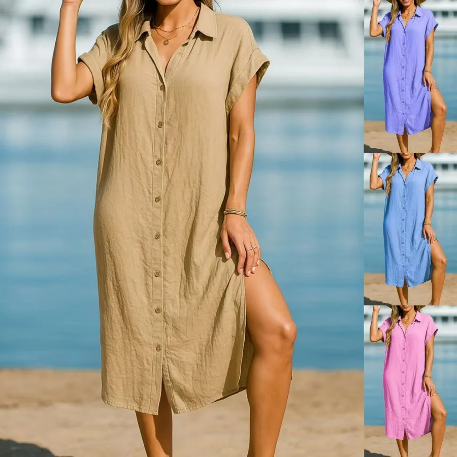 

【New style】Summer new women's clothing casual loose fashionable pure color cotton linen lapel short-sleeved shirt dress