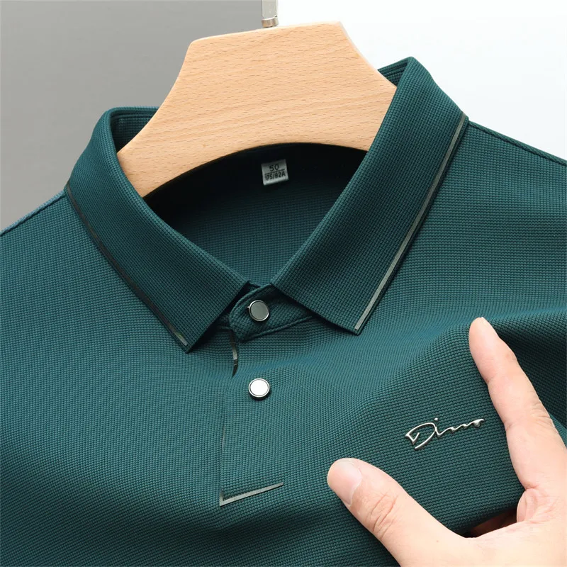 

2023 Autumn New Ice Silk T-shirt High End Brand Solid Embroidery Breathable Long Sleeves Business Casual Polo Shirt Men Clothing