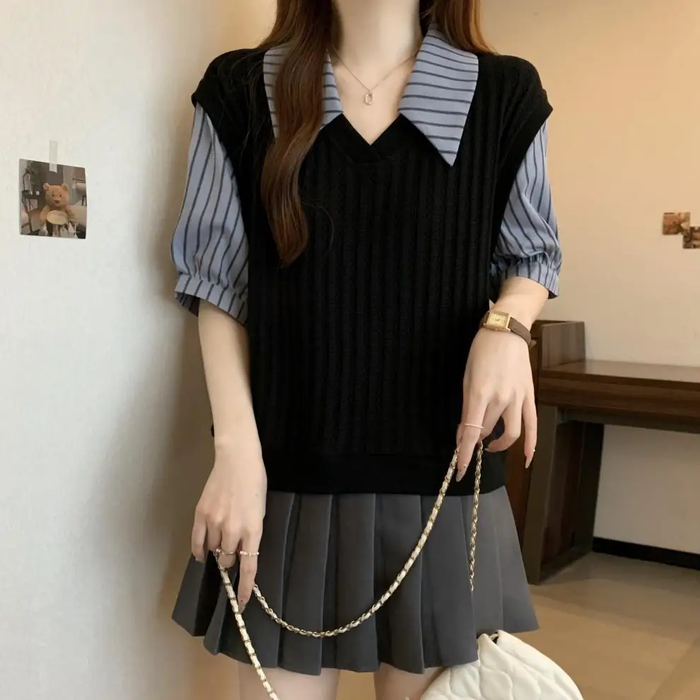 Fake two-piece blouse plus size women's summer new design sense blue striped shirt splicing short-sleeved sweater