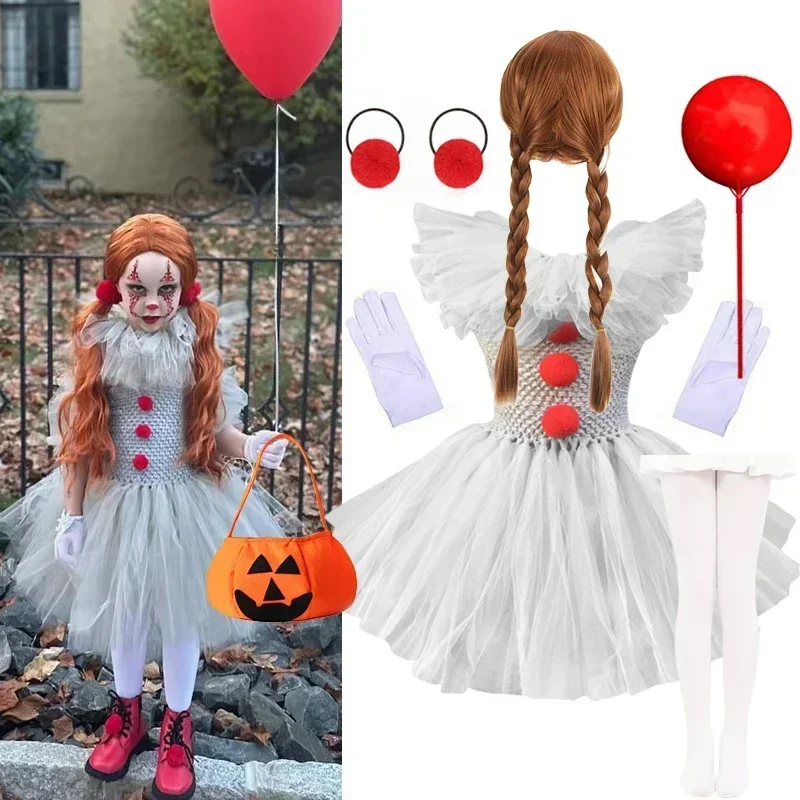 Mädchen Halloween Clown Tutu-Kleid Kinder Cosplay Kostüm mit passenden Handschuhen und Haaraccessoires für Karneval, Themenparty, Bühnenshow – Detail 3