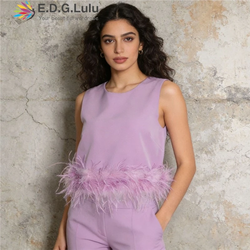 

EDGLuLu Fashion Design Feather Patchwork Vest Top 2026 Spring Summer New Round Neck Sleeveless Purple Black Vest Top 0422