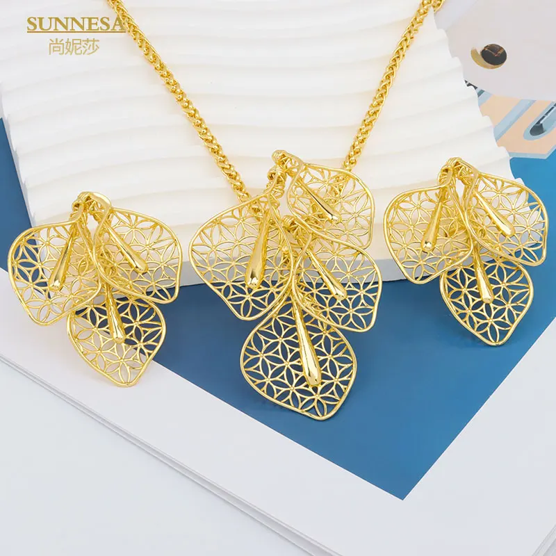 SUNNESA Design 18k Gold Plated Necklace Earrings Pendant Ring Bracelets African Trendy Luxury Dubai Jewelry Set For Women Party