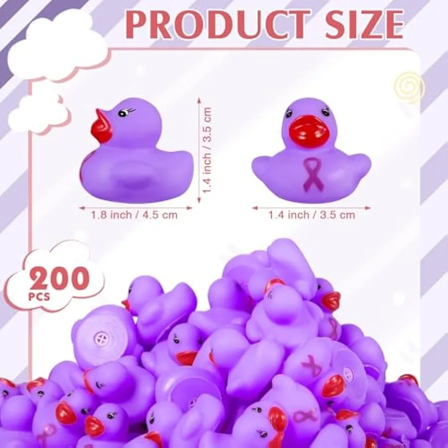 200 Pcs Purple Ribbon Awareness Rubber Ducks Pancreatic Cancer Bath Duck Alzheimers Rubber Float Mini Bath Toys in Bulk Domesti