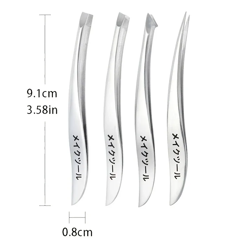 Set di pinzette di precisione in acciaio inossidabile a banana giapponese da 4 pezzi, non profumate, per la rimozione di sopracciglia, ciglia e punte