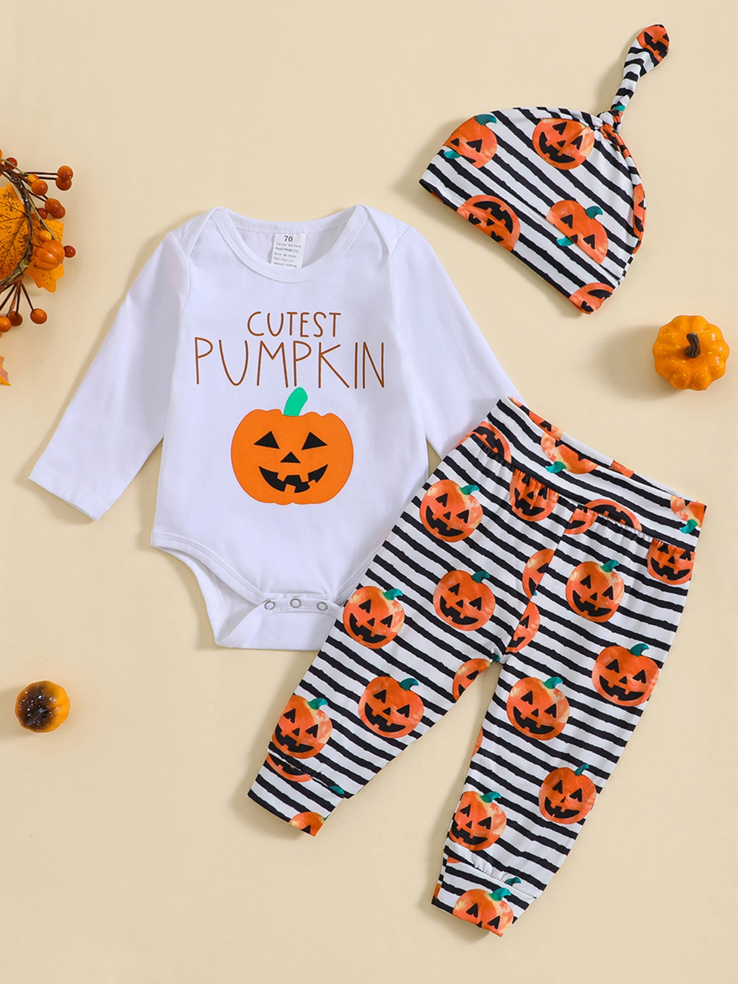 

Adorable Baby Halloween Costume Set with Long Sleeve Pumpkin Romper Striped Pants and Hat - Infant Outfit for Spooky Fun