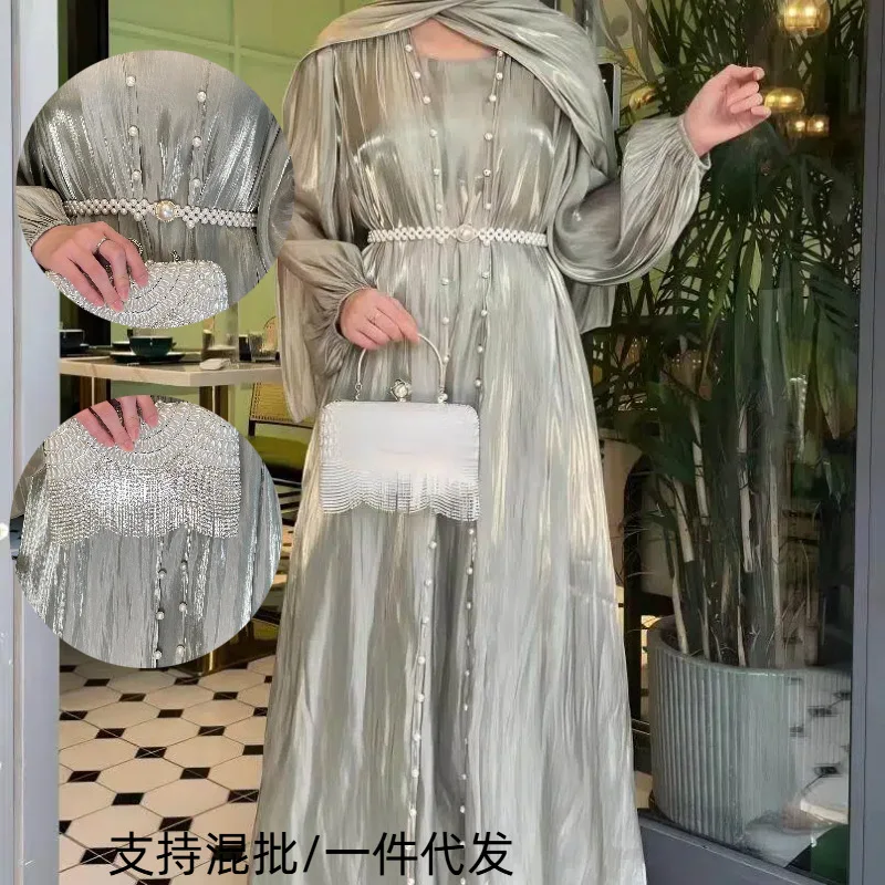 

Woman Muslim Sets Abaya+Dress+hijab 3pcs Matching Set Jilbab Kebaya Shimmering Satin Abaya 3 Piece Eid Muslim Woman Clothing
