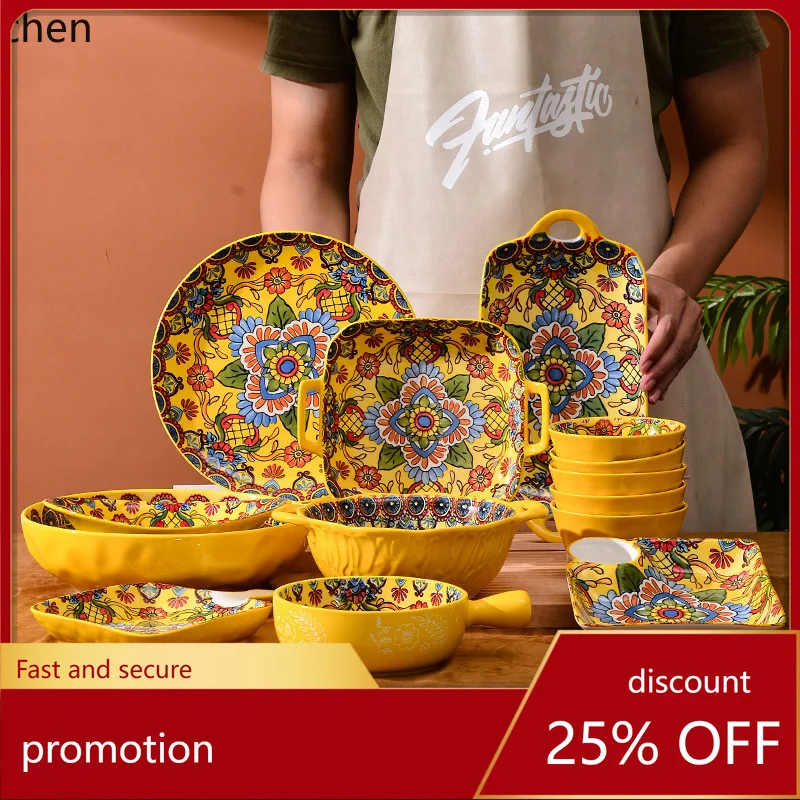 

Hxl ceramic dinnerware set - yellow floral design: soup bowls, plates, and rice bowls - premium quality
