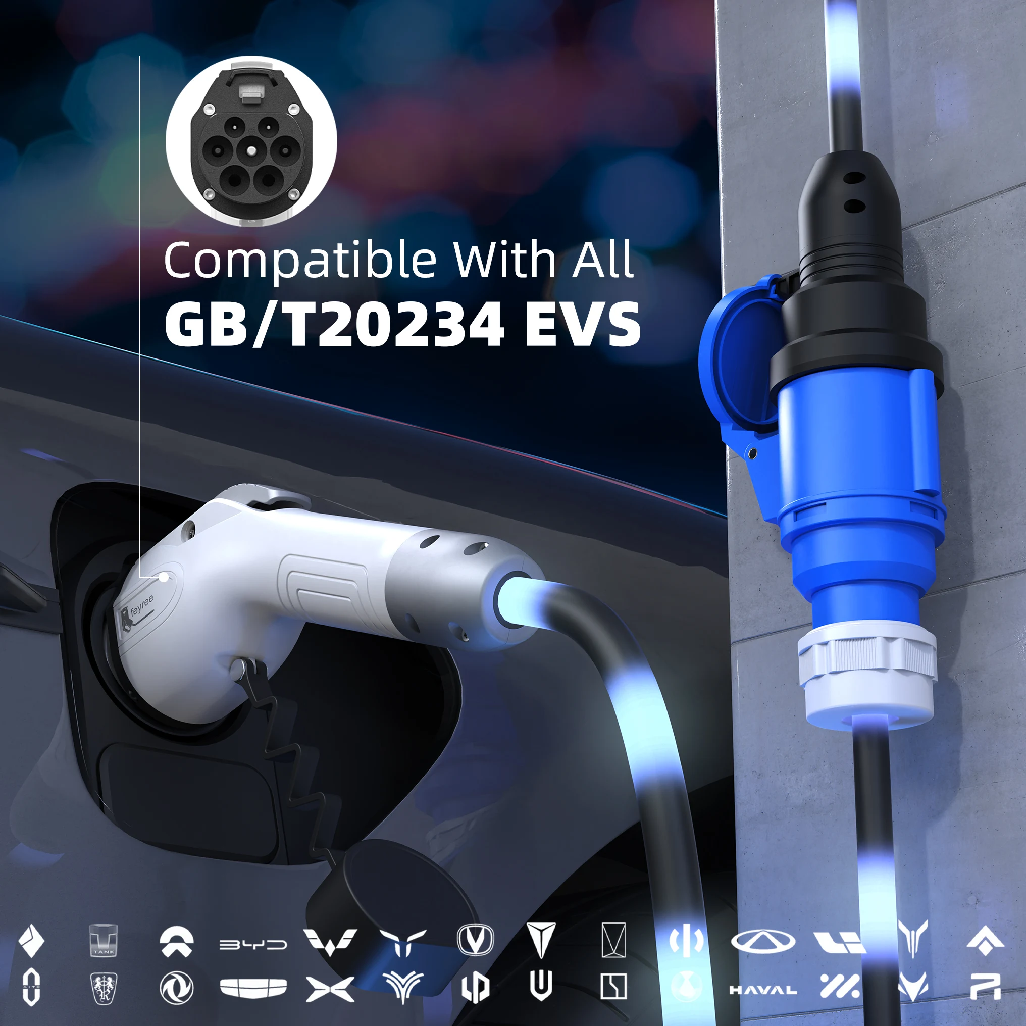 Feyree V2L Cable Discharge Plug EV Charger GBT Cord 32A Charging Cable 1M /3M with CEE Socket Outdoor Power Station Electric Car