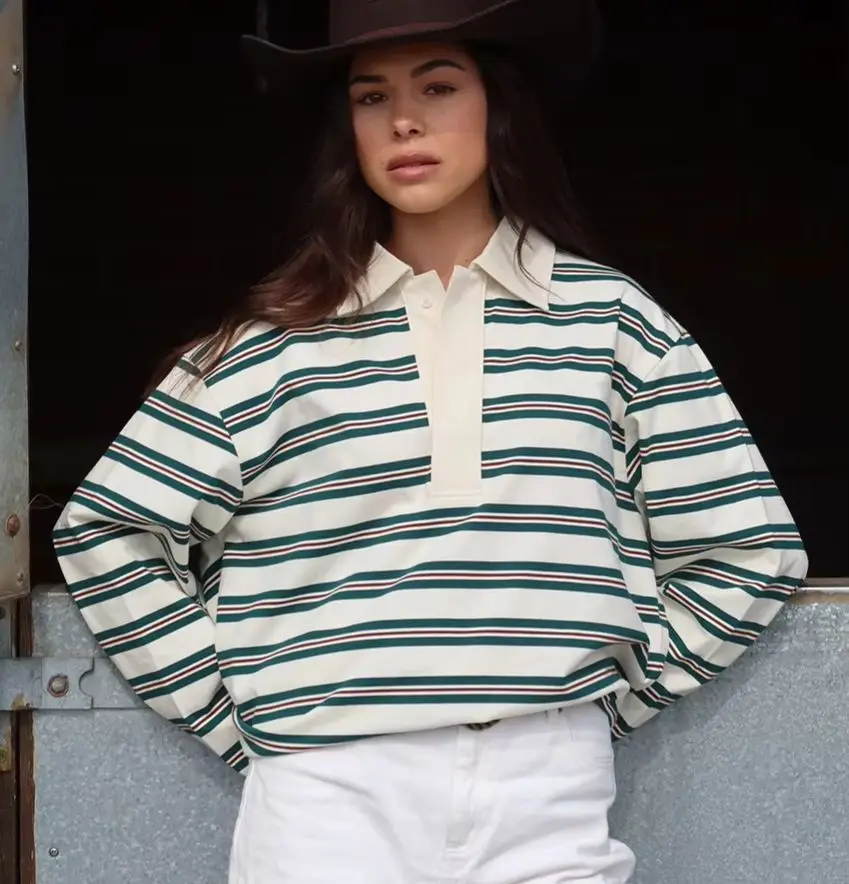 

WXOY Y2K Women Striped Long Sleeve T-shirt Polo Shirt Oversized Relaxed Fit Tees Soft Casual Top Daily Wear Travel
