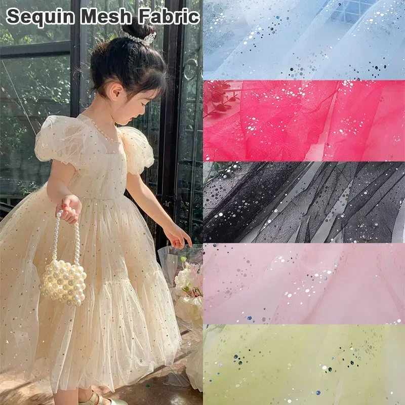 1m Glitter Silver Dot Tulle Fabric Soft Galaxy Sequins Mesh Fabric for Dress Shirts DIY Sewing Multicolor Clothing Decorations