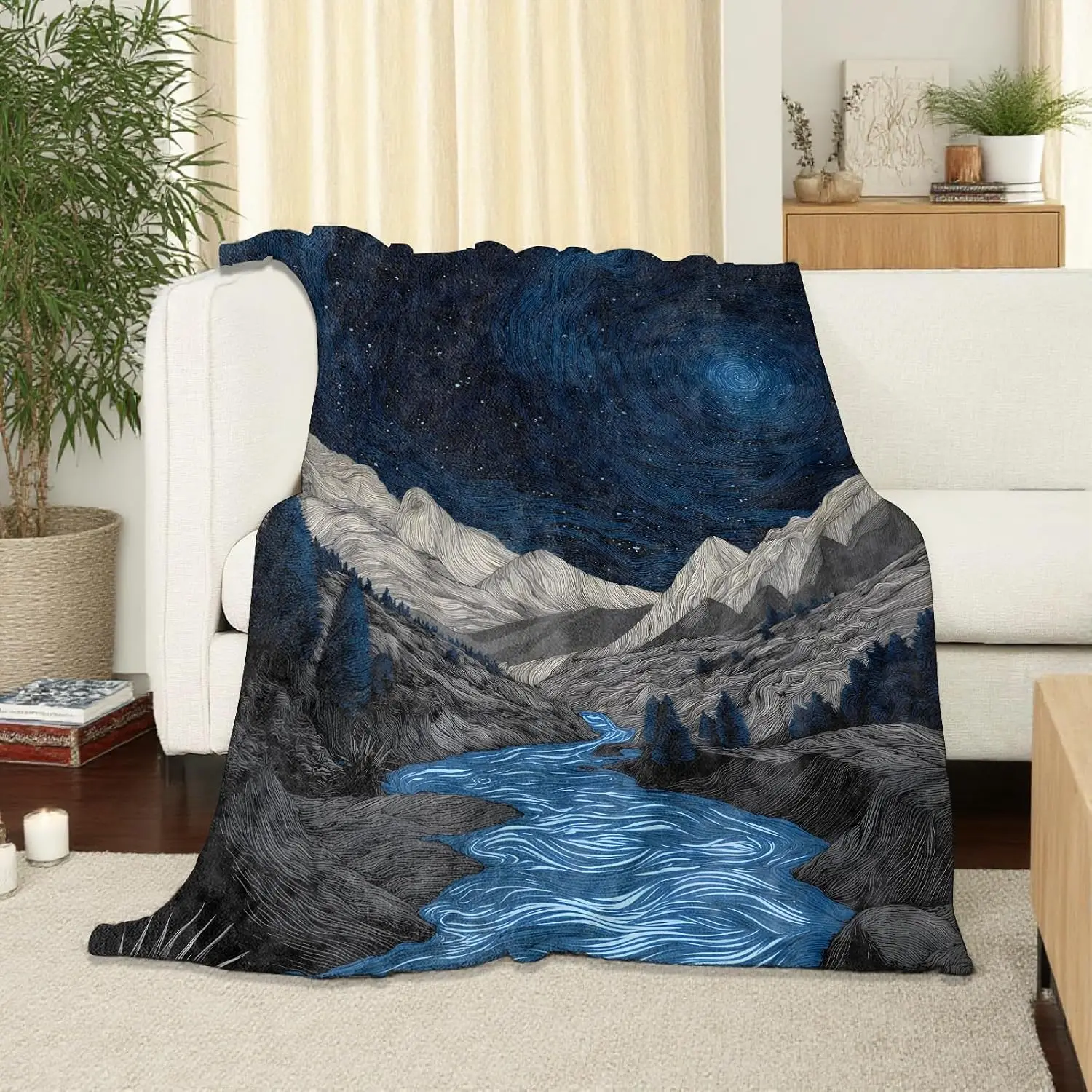 Van Gogh Style Swirl Star Night Mountain Valley River Flannel Throw Blanket, Warm Cozy Blanket, Aesthetic Decor Gift For Bedroom