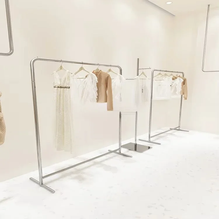 

#s Wholesale Modern Silver Hanging Clothes Rack Shopping Mall Clothes Racks Shelf Stainless Steel Boutique Clothing Racks for Sh