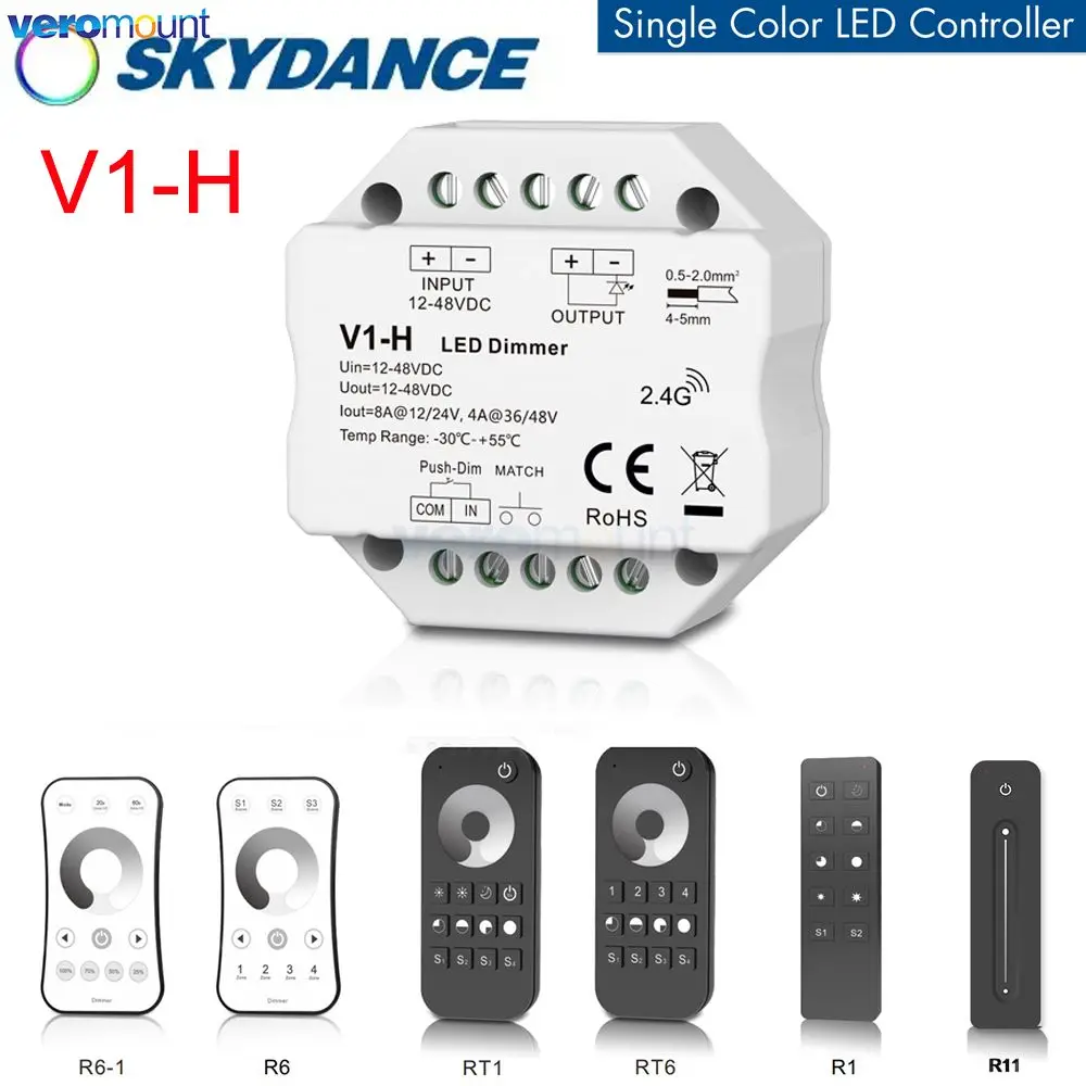 

Skydance V1-H LED Strip Dimmer 12V 24V 15A PWM Wireless RF Switch ON OFF 2.4G Dim Remote for 5050 3528 Single Color LED String