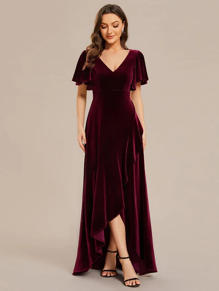 Ever Pretty 2024 Double V-Neck  Short Sleeves Stretchy Velvet Evening Dress with Lotus Leaf Hem