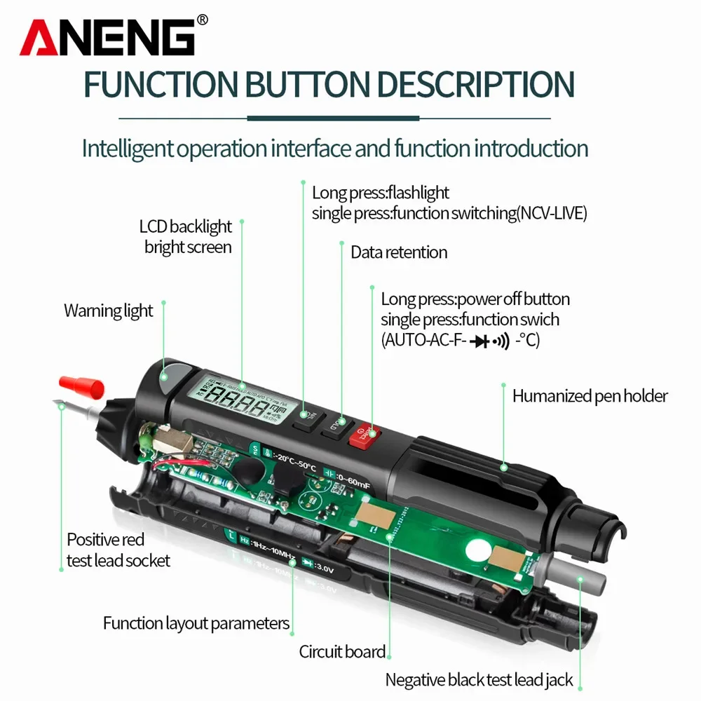 ANENG-A3007 6000 카운트 디지털 전문 멀티 미터 펜 AC/DC 전압 측정기, 제로 화재 감지기 정전용량 다이오드 옴 테스터