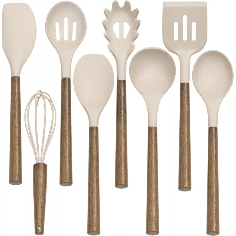 Silicone Kitchen Cooking Utensil Set, 9Pcs Kitchen Utensils Spatula Set with Wooden Handle Nonstick Cookware, 446 °F Heat Re