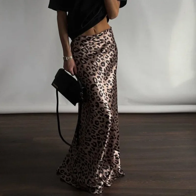 Fashion Leopard Print Satin Skirt Women's Sexy Retro Print Maxi Skirt Casual Streetwear Party Slim Leopard Print Skirt