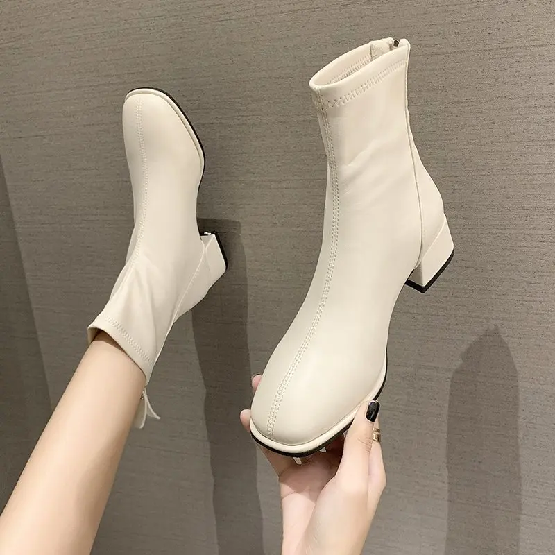 Elastic Socks Boots Fashion Ankle Boots Women High Heel Thicks Heel Square Toe Short Boots Women Retro 2022 New Ladies Shoes