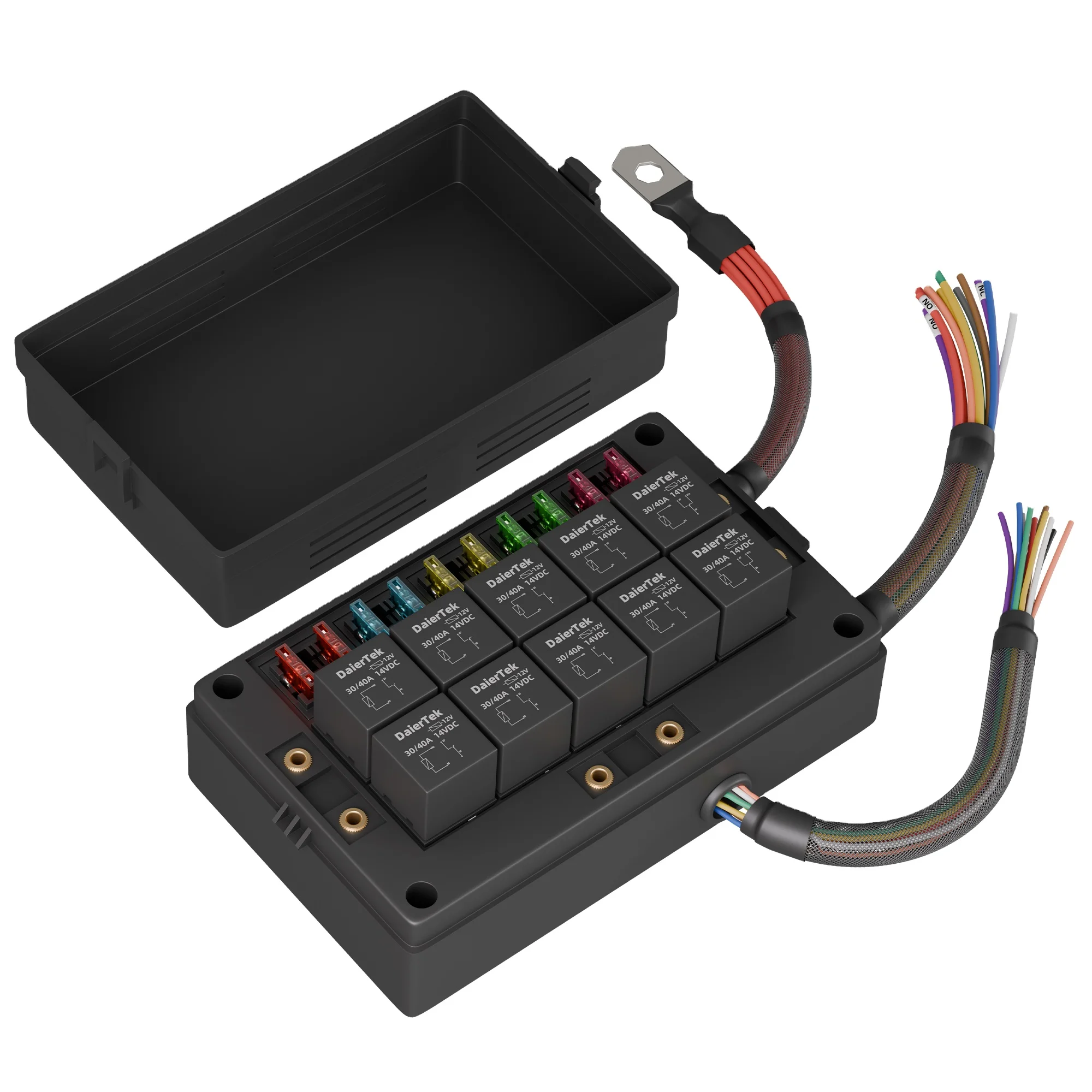 

Relay Box 12V 10 Way Relay Block and 10 Way ATC/ATO Blade Fuse Panel Pre-Wired Dustproof Fuse Relay Box for Automotive Car