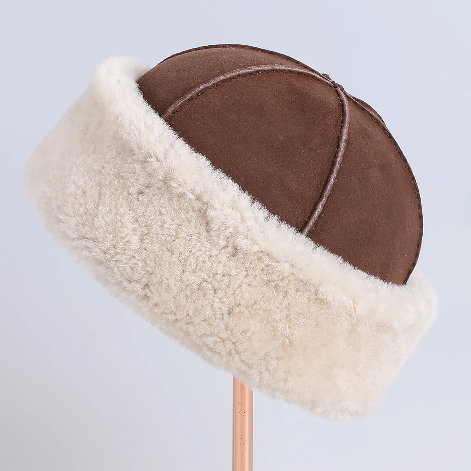 Unisex Genuine Sheepskin Leather Shearling Wool Beanie Hat, Winter Warm Thick Soft Fur Cap, Hand Stitched High Quality