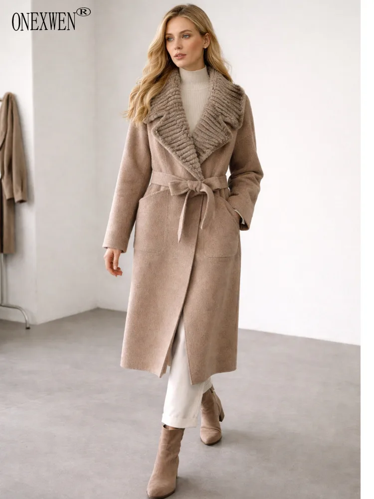 ONEXWEN Brown Women Oversized Long Double Sided Wool Overcoat Plush Curly Bow Belt Waist Casual Elegant Winter Ladies Coat RU64