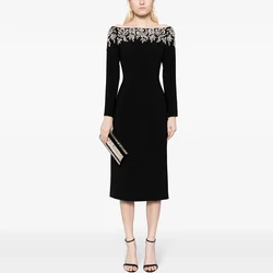 Exquisite Mother Of The Bride Dresses Black Jersey Rhinestone beads Bespoke Occasion Gown Straight Off-the-shoulder Midi Dresses