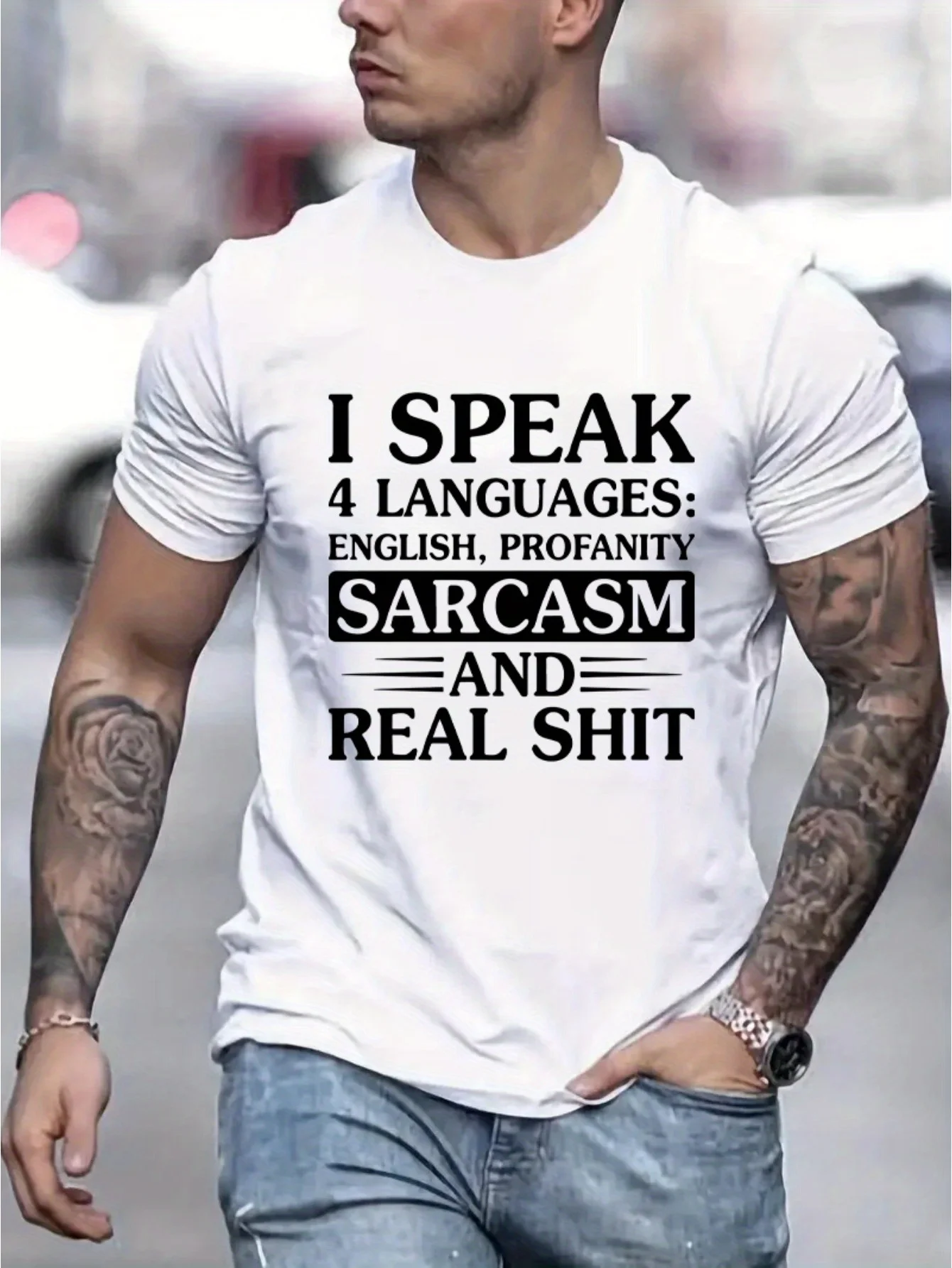 

Men's Summer 100% Cotton Fashion Sports and Leisure Loose I Speak Sarcasm Graphic Printed Round Neck Short Sleeve T-shirt Top