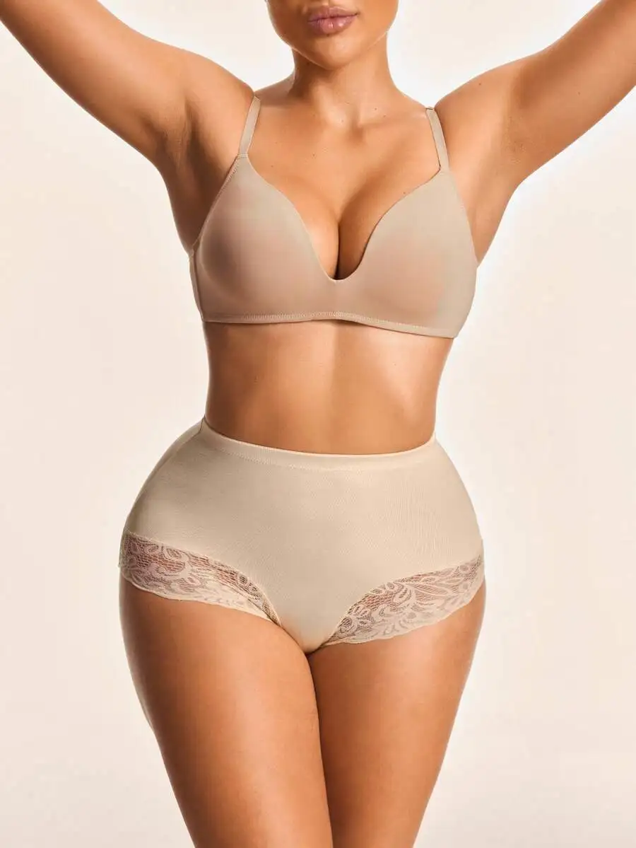 Ropa Interior Moldeadora de Cintura Elástica con Parches de Encaje de Color Sólido para Mujer