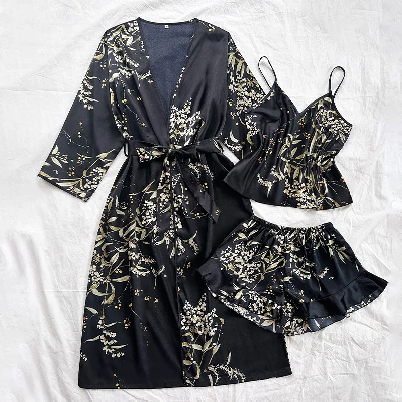 Female 3PCS Pajamas Set Spring Summer New Sleepwear Home Clothes Print Cherry Flower Long Kimono Bathrobe Gown Rayon Loungewear