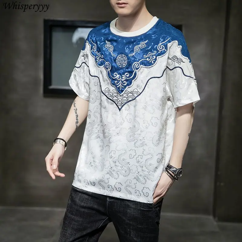 

Винтажная традиционная китайская одежда для мужчин, летняя тонкая одежда Тан, топы Hanfu, мужская футболка с короткими рукавами и вышивкой