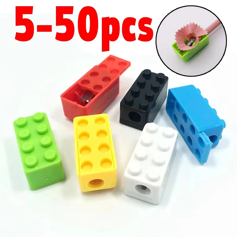 Cartoon Plastic Building Blocks Pencil Sharpener 5/50pcs Set for Children Office School Stationery Supplies Random Selection