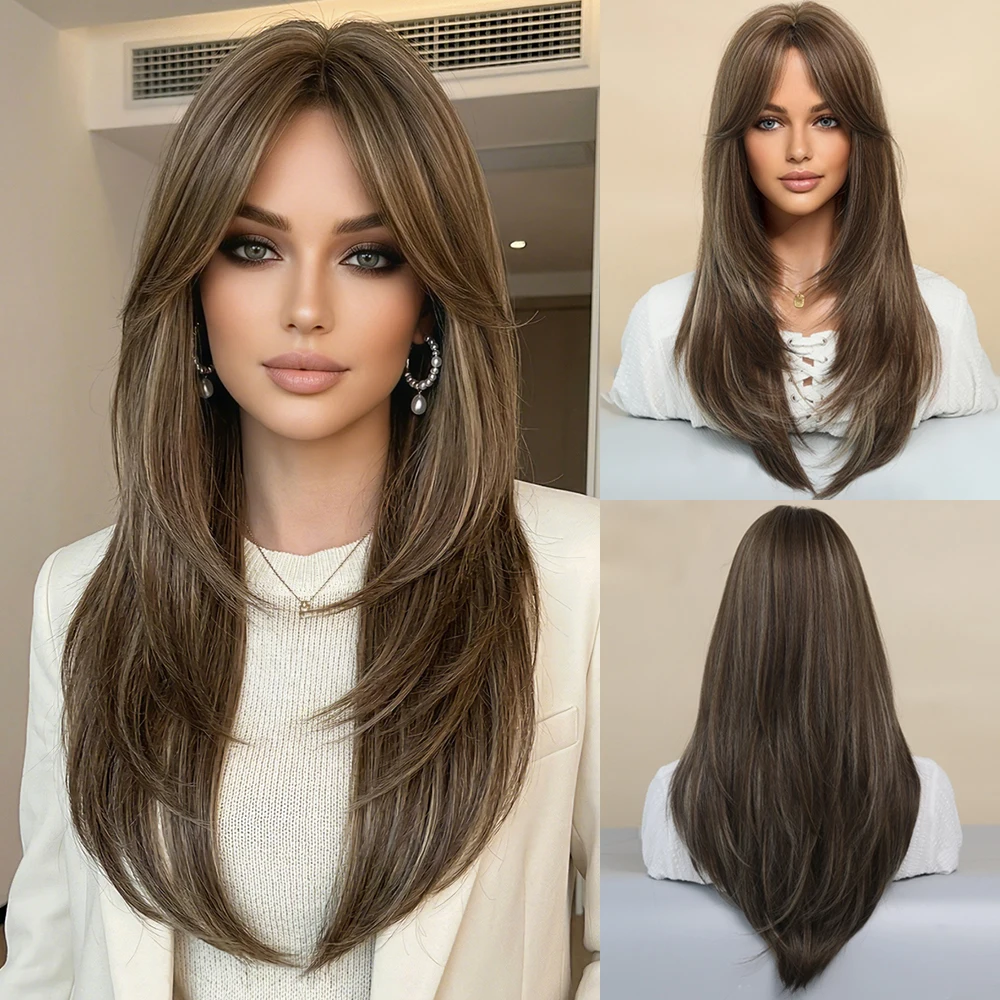 

24 Inch Glueless Synthetic Wigs Long Straight Layered Hair with Curtain Bangs Ash Brown Highlight Fake Hair Heat Resistant