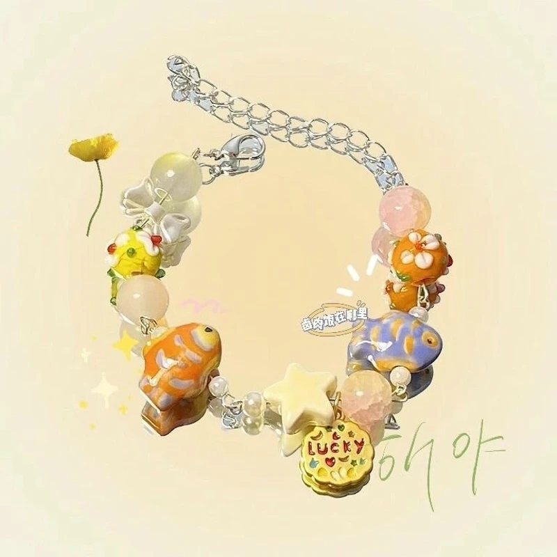 Fashion Handmade Charm Bracelet Kawaii Anime Cat Y2k Bead Chain Jewelry Bracelet Cute Hand Chains Accessories Love Beads Gifts